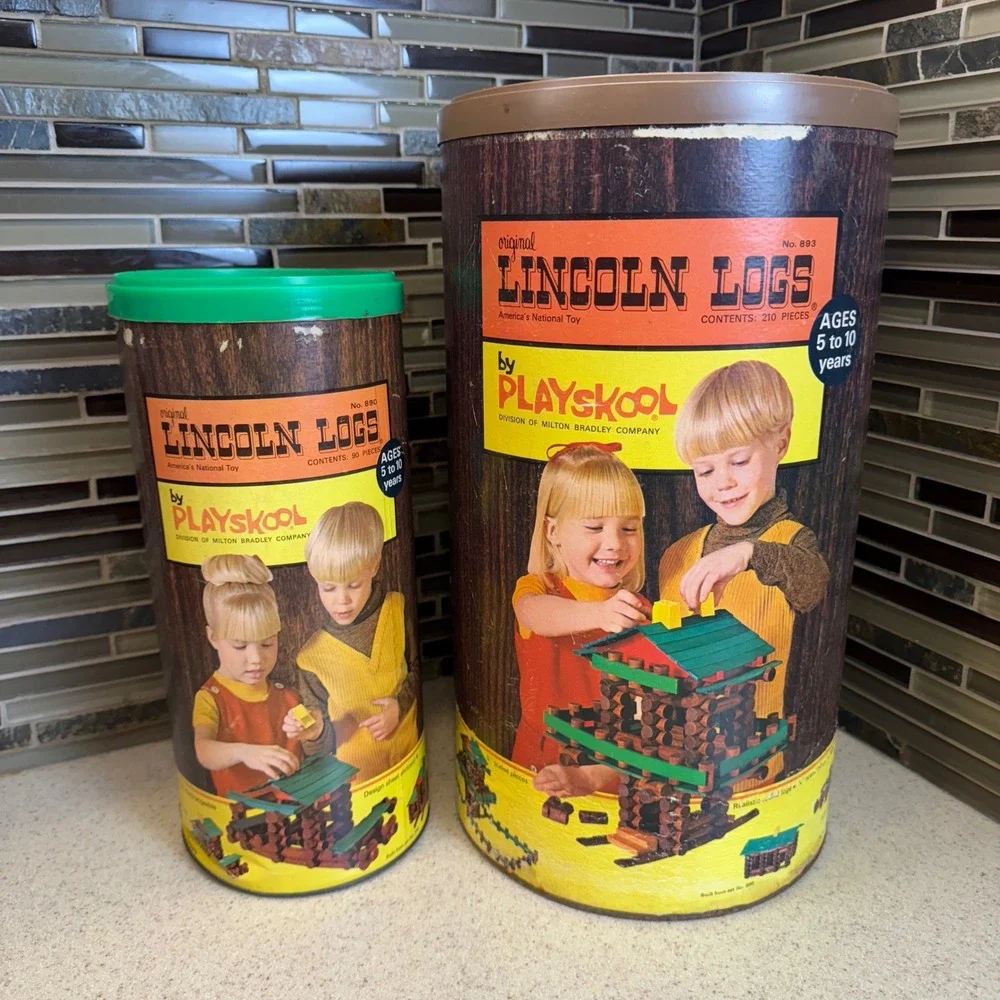 VTG Playskool Lincoln Logs Wood Building Sets No #890 & #893 w/ Canisters 300pc